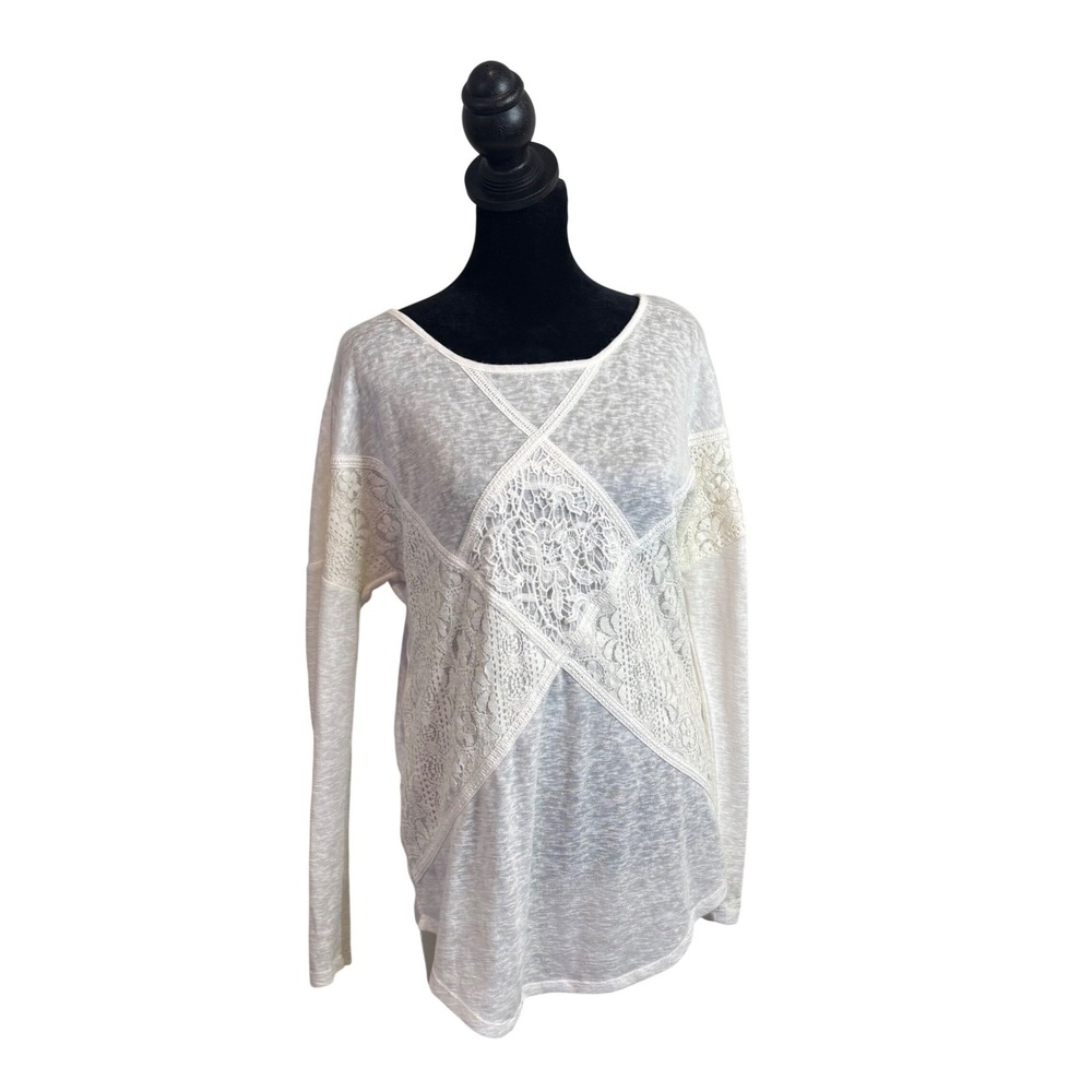 BOHO Mixed Media Sheer Heather Knit Top Womens S Textured Floral Lace Blouse